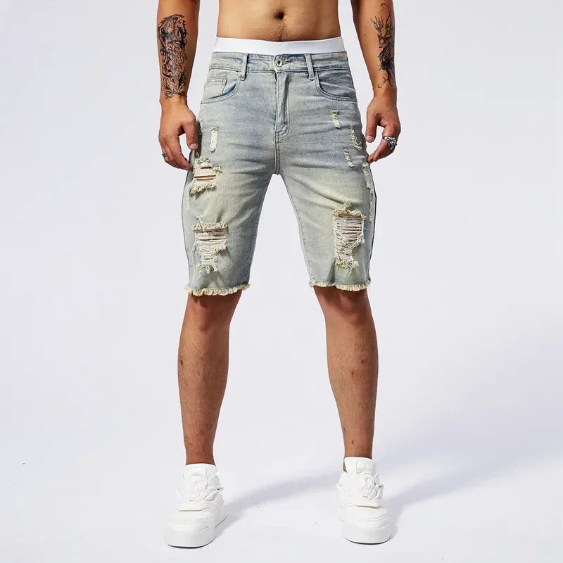 Men Stretch Light Blue Ripped Denim Shorts