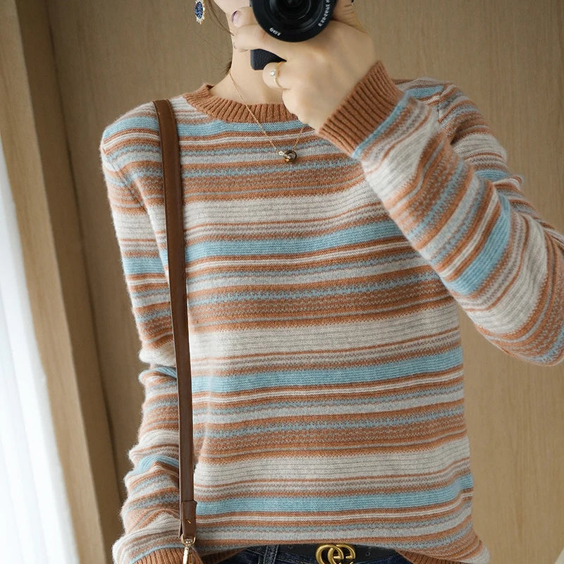2024 Autumn Winter Womens Striped O Neck Sweater O Neck Long Sleeves Oversized Fit
