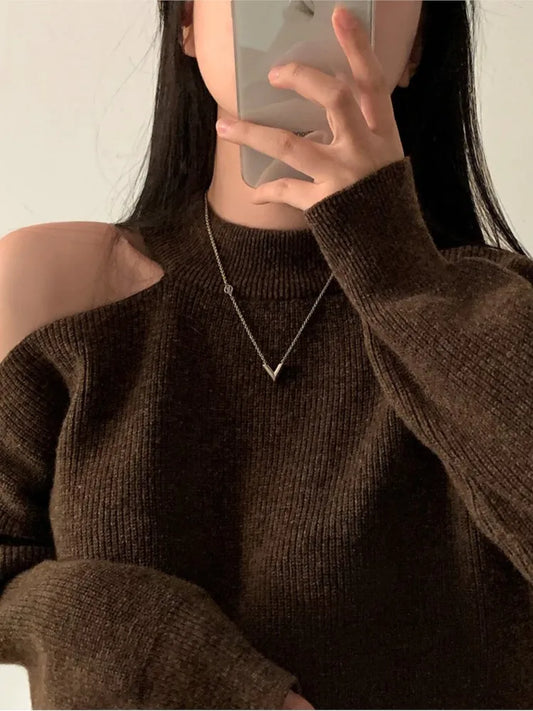 Off Shoulder High Neck Sweater European American Style Loose Fit Long Sleeve Knit Cardigan For Autumn Winter