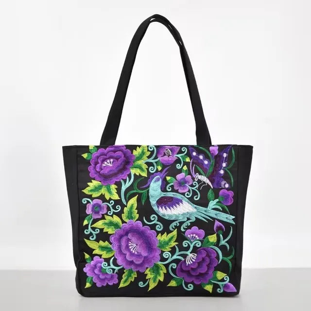 Ethnic Flower Embroidered Canvas Bags