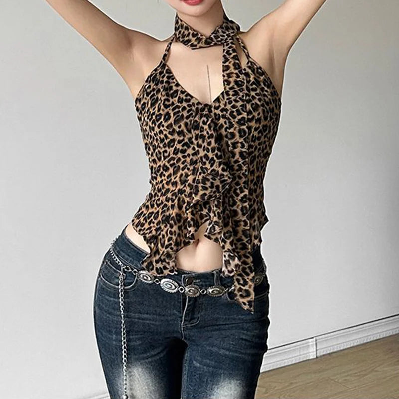 Chic Leopard Printed Lace Up Vest For Women