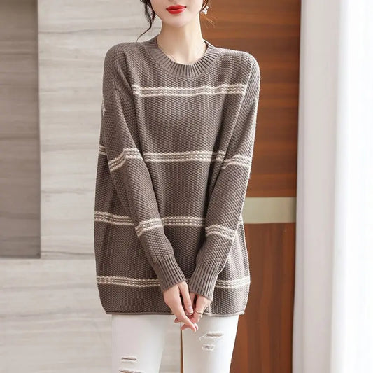 2025 Fashion Striped O Neck Sweater For Women Bell Sleeve Long Sleeve Loose Fit Knit Y2k Preppy Style For Autumn Winter