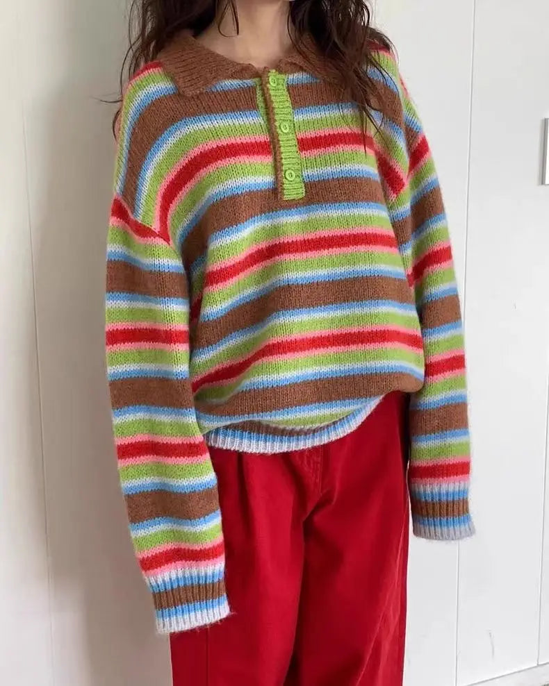 Vintage Cool Design Contrast Stripe Lace Up V Neck Sweater