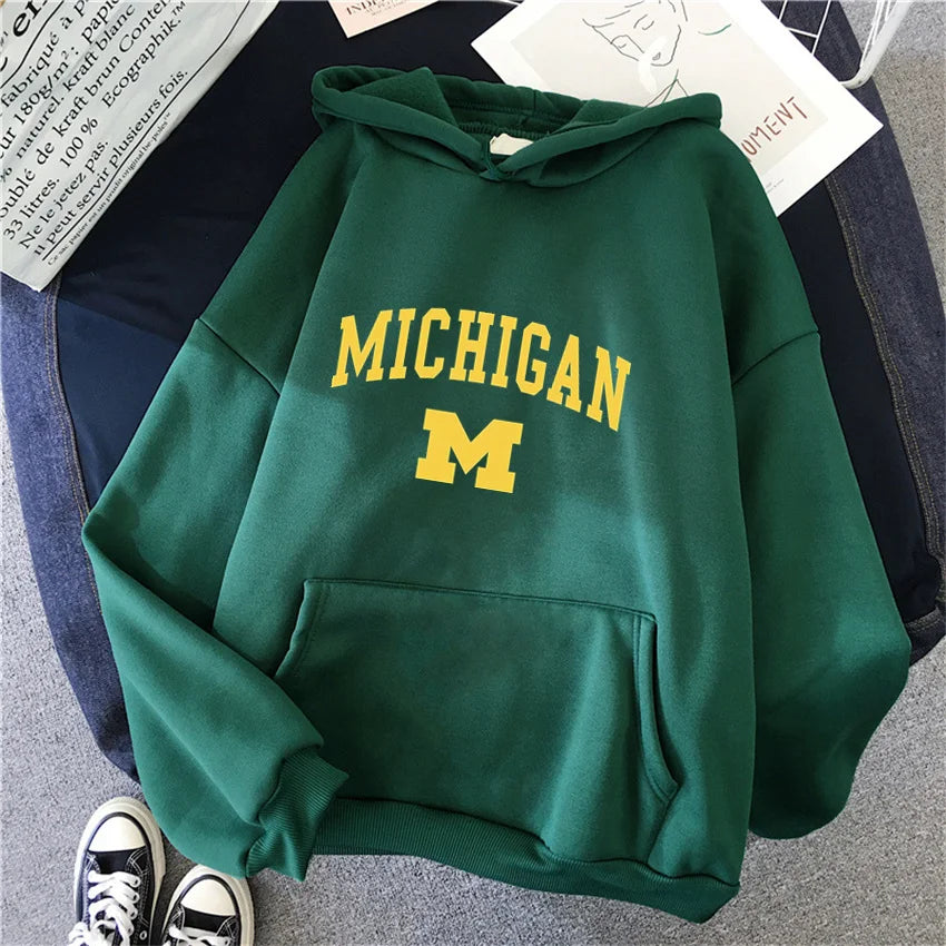 Michigan University Hoodie Hip Hop Fleece Streetwear Unisex Pullover