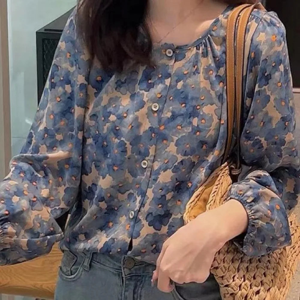 Flower Floral Printing Polo Neck Blouse
