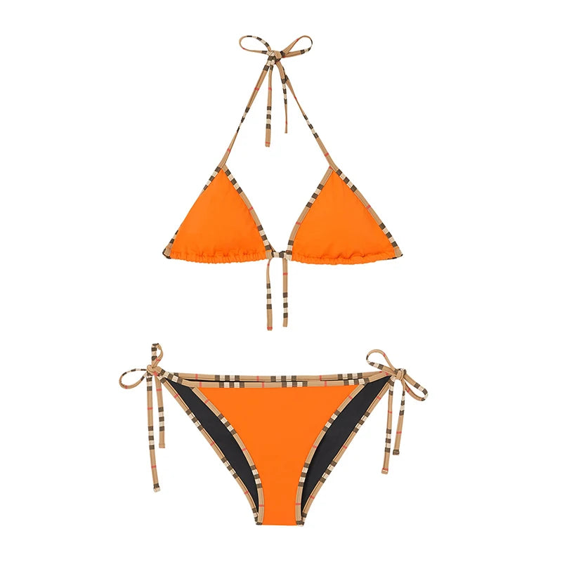 Checkered Bikini Set – Luxury Designer Style Lace Up Low Waist Swimwear