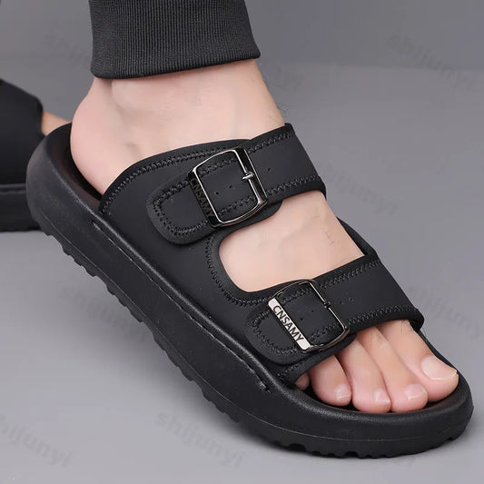 2025 Women S Outdoor Beach Sandals Double Layer Leather Graffiti Print Non Slip Slippers