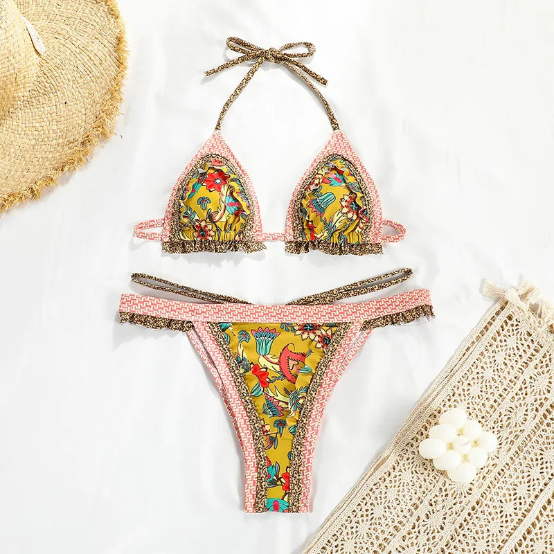 Vintage Floral Ruffle Detail String Bikini Aesthetic