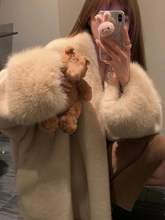Autumn Winter Fashion Chic Beige Faux Fur Jackets