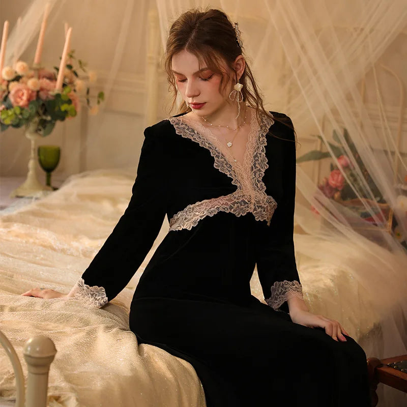 Womens Velvet Pajama Set Elegant Lace Nightgown Long Sleeve Robe For Cozy Winter Nights