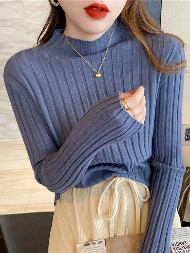 2025 High Neck Ribbed Knitted Sweater Women S Autumn Winter Slim Fit Long Sleeve Pullover Basic Casual Tops