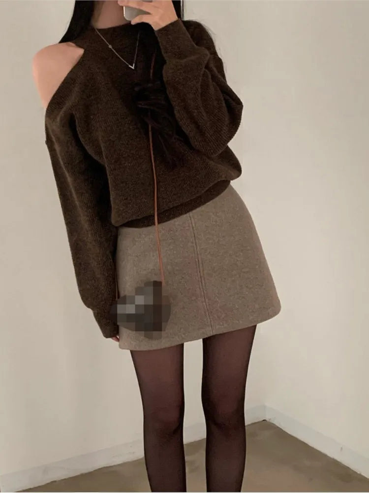 Off Shoulder High Neck Sweater European American Style Loose Fit Long Sleeve Knit Cardigan For Autumn Winter