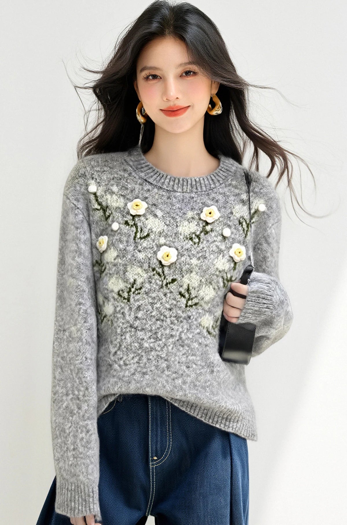 Womens Korean Style Daisy Flower Printed Knitted Winter Sweater