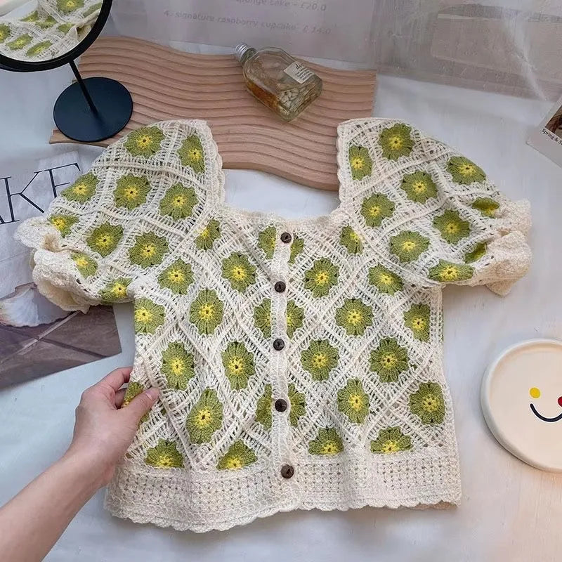 Embroidered Crop Blouse With Hollow Out Daisy Floral Design Women S Summer Vacation Top