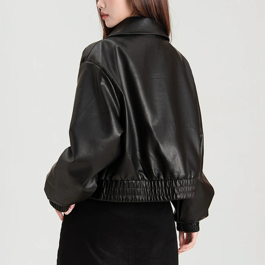 2025 Korean Black Leather Jacket For Women Winter Long Moto Biker Zipper Jacket Streetwear Harajuku Y2K Loose Fit Womens Coat