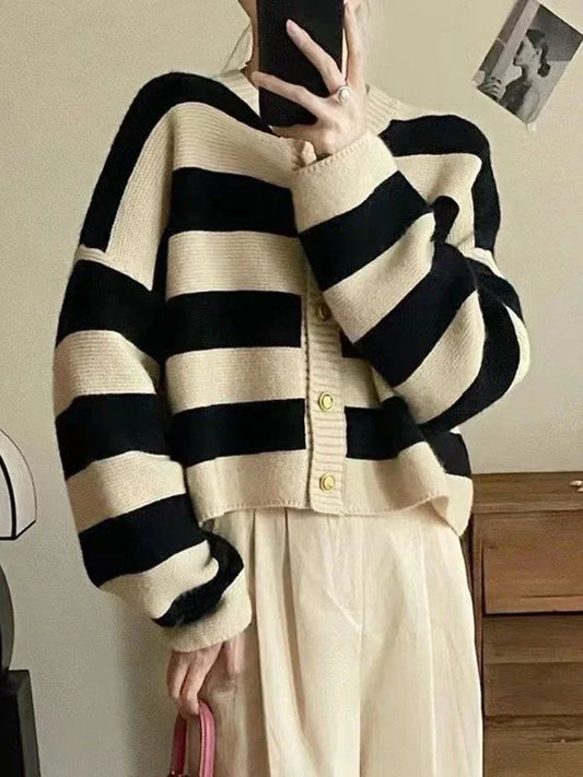 Womens Cherry Coded Striped Knit Cardigan Korean Fashion Long Sleeve Short Sweater Black White