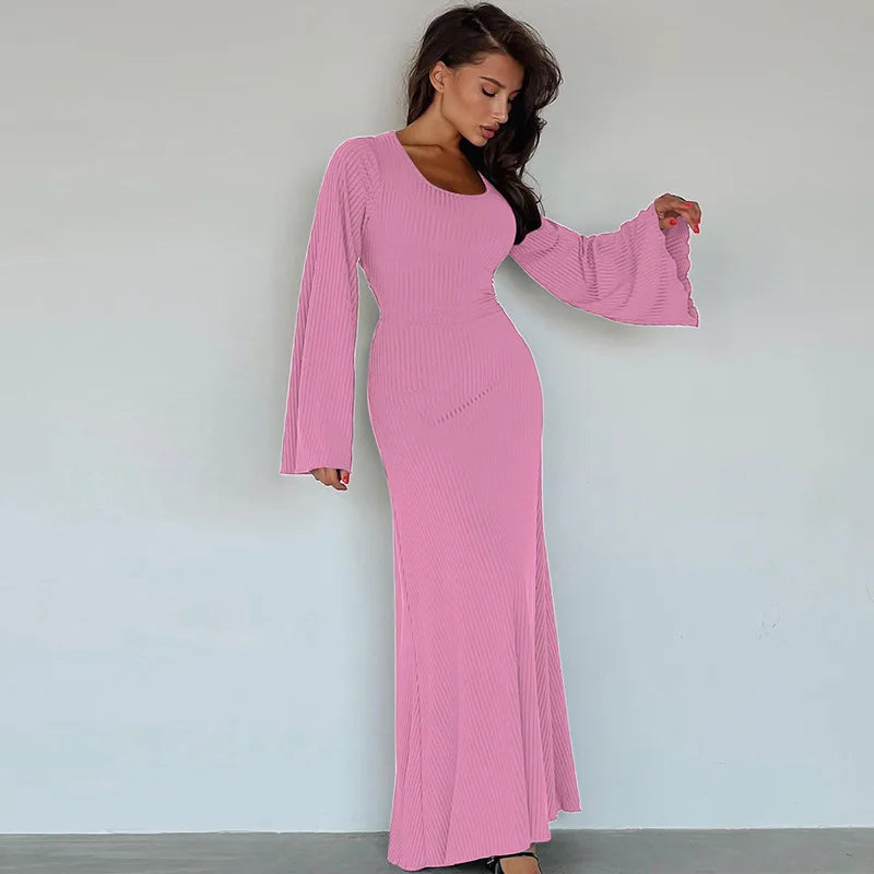 Quiet Luxury Aesthetic - Elegant Ribbed Bell Sleeve Maxi Dress