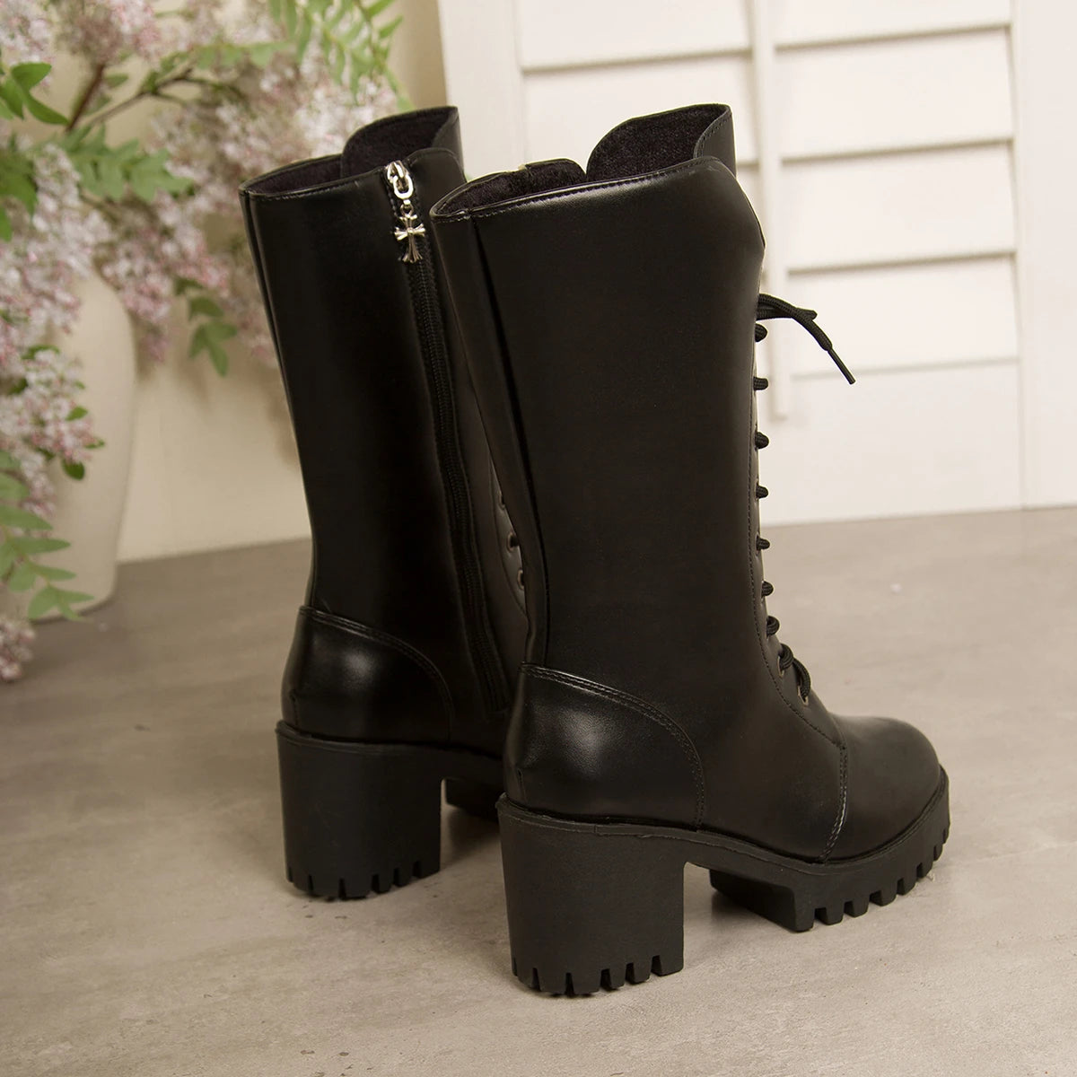 Women’s Mid-Calf Riding Boots 2025 – Waterproof PU Leather Chunky Heel Platform Winter Boots