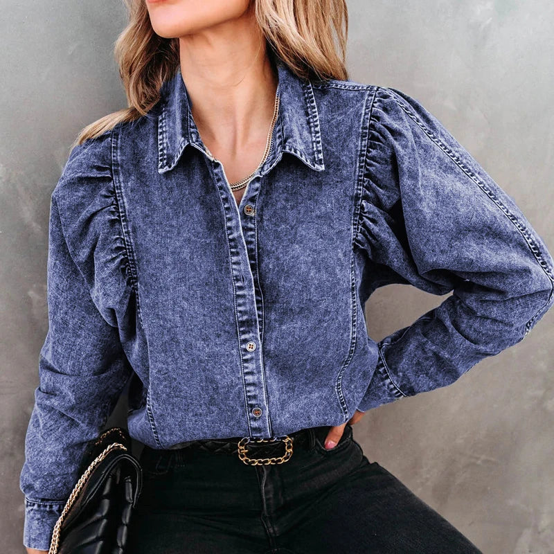 Refined Casual: Lace-Up Denim Three-Quarter Sleeve Cropped Blouse