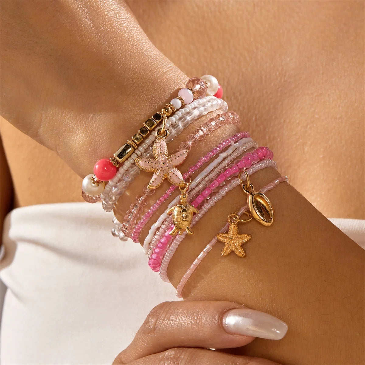 Maldives Luxury Resort Vibes - Elegant Pearl & Shell Beach Bracelet Stack