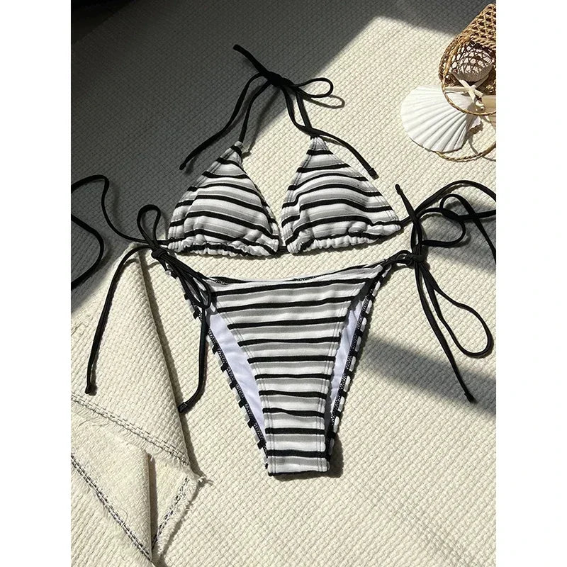 Summer Print Swimsuits Tankini Sets Fashion Split Colored Bikini Striped Swimming Suit Open Back Swimsuit