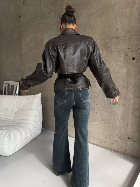 Lapel Collar Crop Leather Jackets