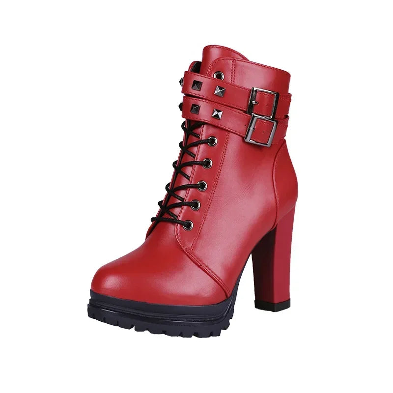Womens Platform Rivet Ankle Boots 16cm Stiletto High Heel Lace Up Spike Booties Bold Stylish Shoes