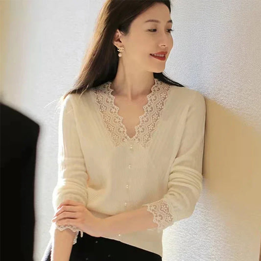 Lace V Neck Knitted Long Sleeve Sweaters For Women