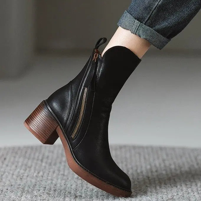 women's mid calf leather dress boots Upioiwer Women's Mid Calf Dress Boots - Lace Up Side Zipper Motorcycle Riding Boots, Pointed Toe High Heel Fashion Dressy Boot for Party Birthday Outdoor Brown 6.5