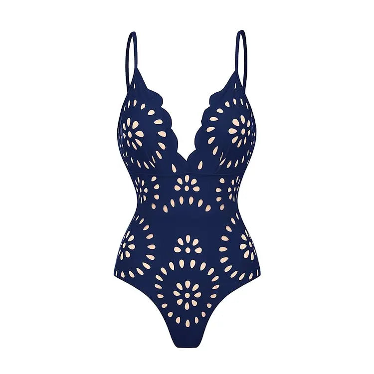Coastal Mediterranean Aesthetic - Elegant Blue Floral One-Piece Swimsuit
