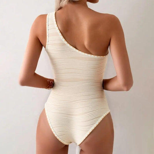 Elegant Cream One-Shoulder Starfish Detail Swimsuit Aesthetic