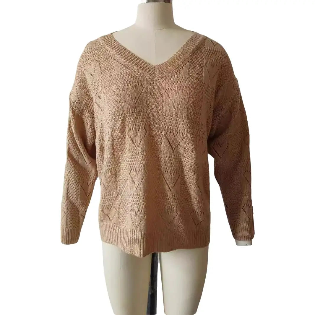 Womens Elegant Hollow V Neck Autumn Winter Sweater