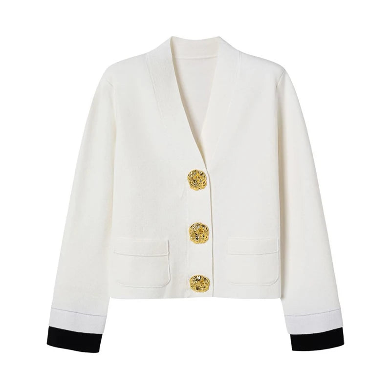 Flap Pocket Big Button V Neck Cardigan