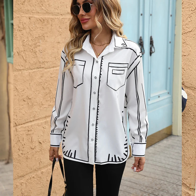 Summer Casual Off Shoulder Sleeveless Abstract Printed Womens Blouse Slim Fit Turn Down Collar Single Breasted Femme Top