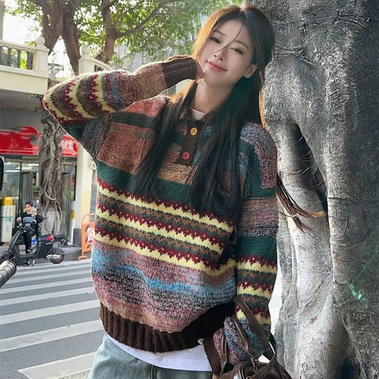 Womens Bohemian Crochet Knit Sweater Loose Round Neck Pullover With Long Sleeves