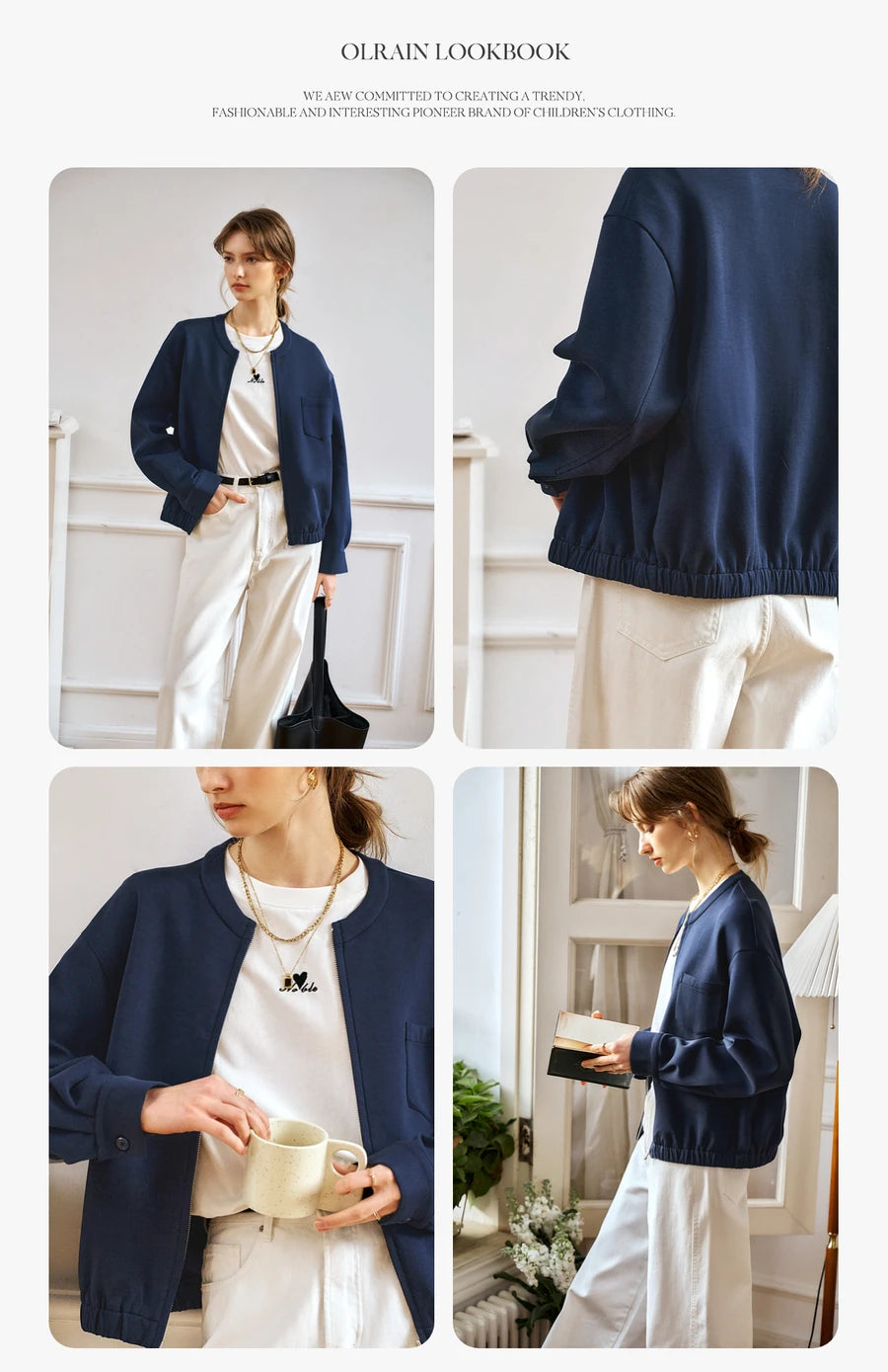 Navy Blue Cotton Blend Air Layer Casual Jacket Outerwear for Woman
