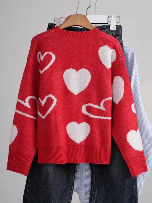 Women S Fashionable Fall Winter Heart Print Sweater Cozy Pullover For Leggings Trendy Winter Sweater With Sweat Necklace