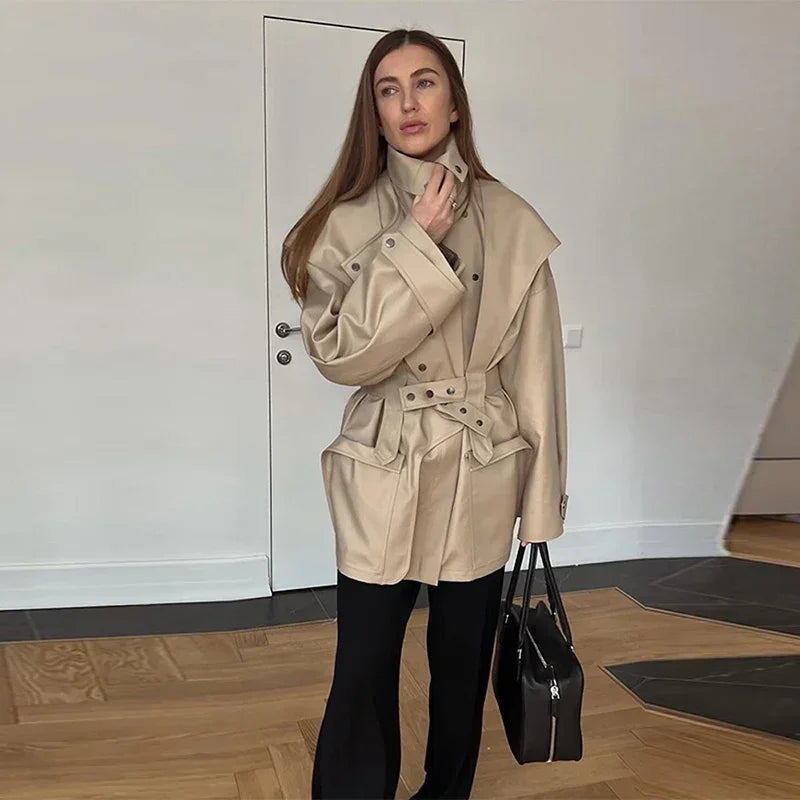 Cotton Khaki Long Turn Down Collar Belted Women Trench Coat