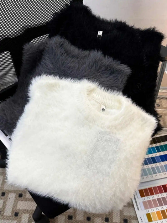 Women S Thickened O Neck Mohair Pullover Sweater New Winter Pure Color Loose Knitwear Long Sleeve Asymmetrical Knit Top