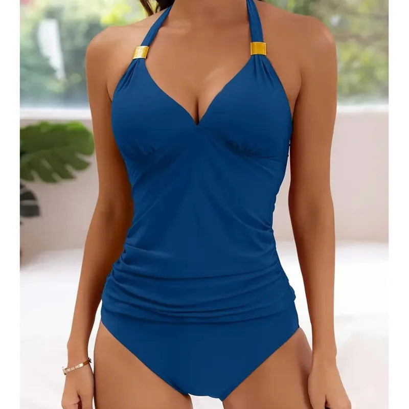2025 Summer Plus Size Bikini Set Solid Halter Neck Drawstring Swimming Suit Tankini Bottoms For Women