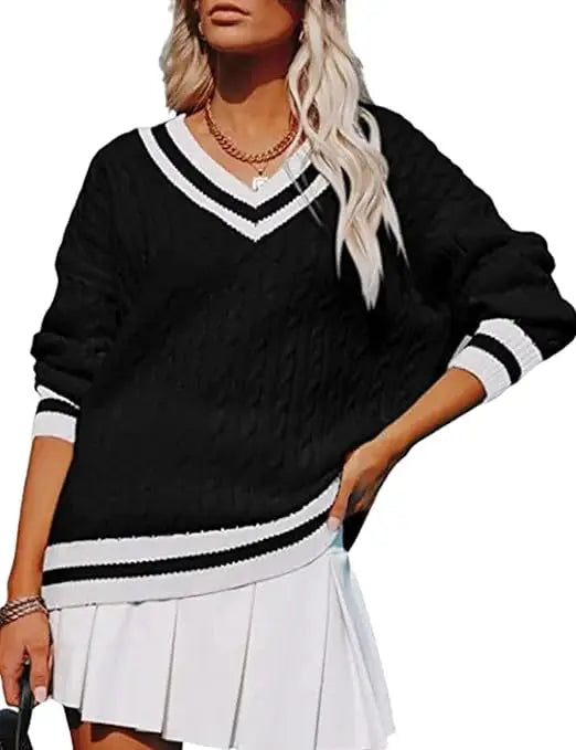 Autumn Winter V Neck Pullover Striped Sweater For Women Loose Comfortable Color Blocking Casual Trendy Knitted Tops