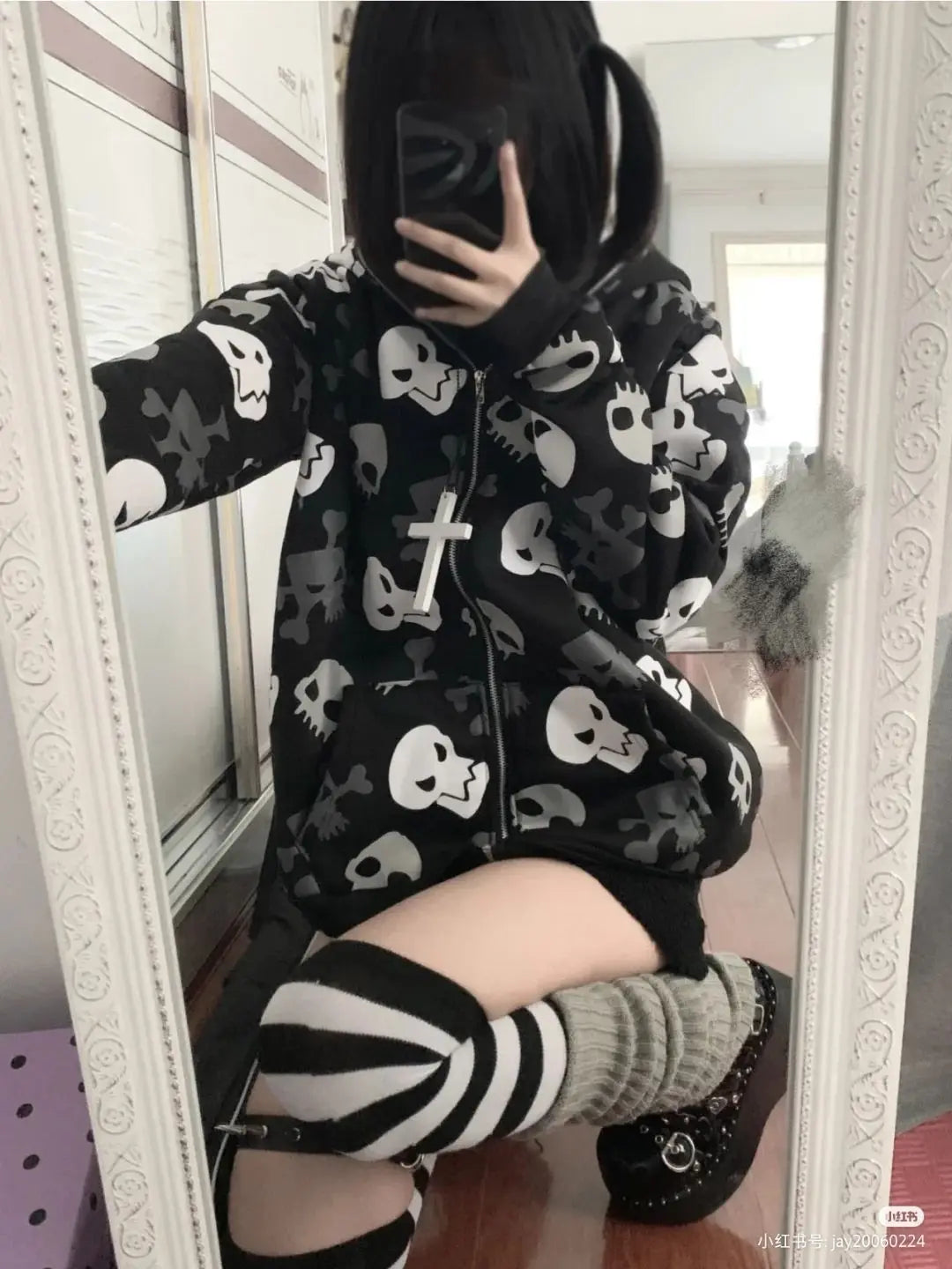 Winter Punk Skull Hoodie Grunge Aesthetic Sweatshirt For Women Gothic Harajuku Pullover