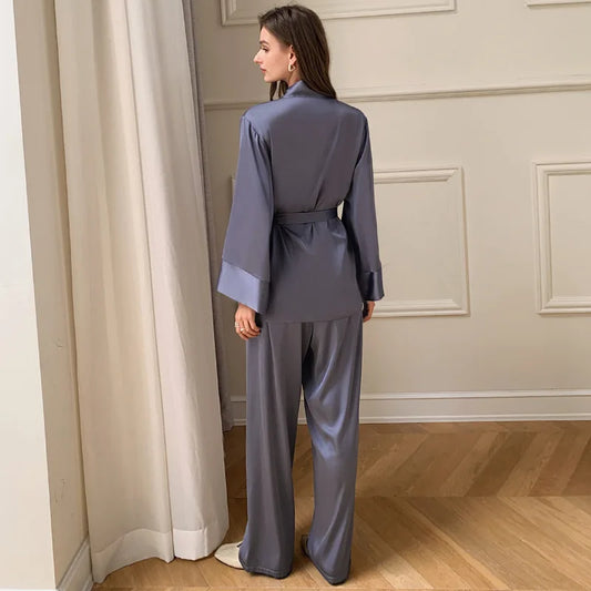 Womens Striped Satin Pajama Set Solid French Silk 2 Piece Loungewear For Ultimate Comfort