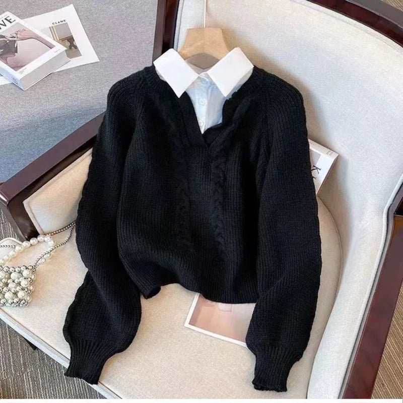 Chic Autumn Style Fake Two Pieces Long Sleeve V Neck Sweaters