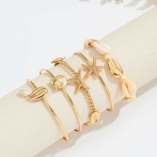 Greek Goddess Vibes - Elegant Gold Sea Shell Charm Bracelet Stack