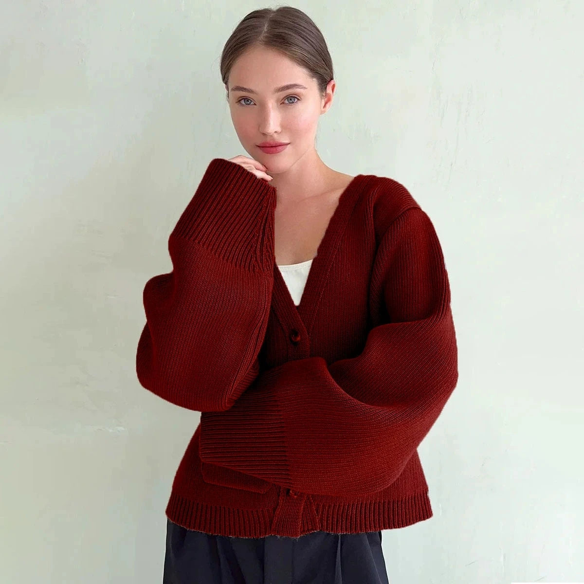 Womens Autumn Winter Loose Fit V Neck Knitted Top Versatile Thickened Sweater Cardigan With Pockets Idle Style Small Jacket