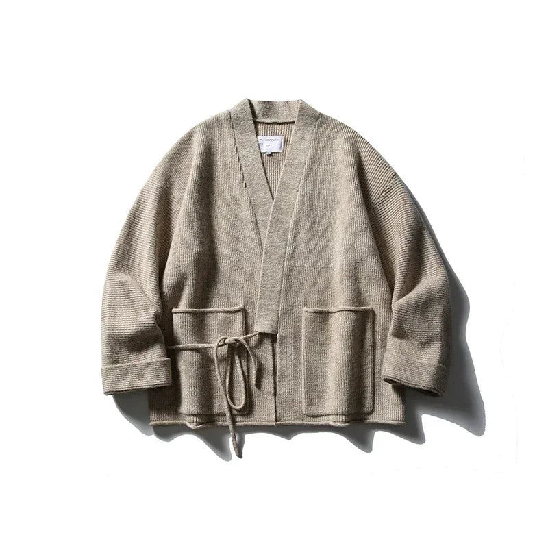 Mens Fisherman Aesthetic Thick Knit Cardigan Japanese Style Loose Fit Round Neck Sweater Jacket Casual Spring Autumn Fashion