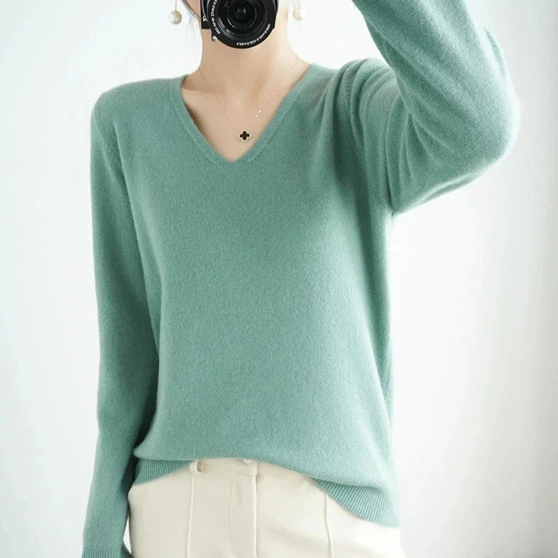 Womens Slim Fit V Neck Knitted Sweater Long Sleeve Solid Casual Pullover For Spring Autumn