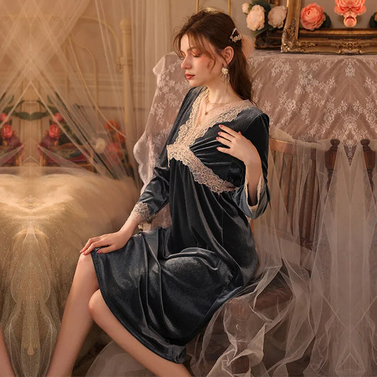 Womens Velvet Pajama Set Elegant Lace Nightgown Long Sleeve Robe For Cozy Winter Nights