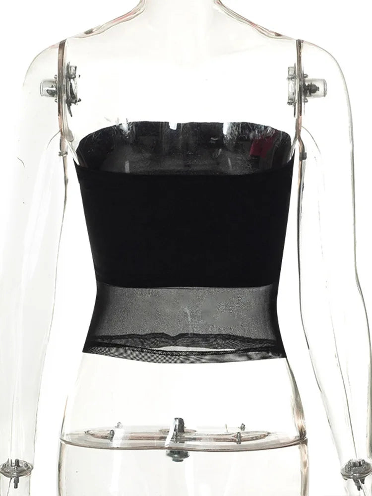 Sleeveless Off Shoulder Black Mesh Crop Top